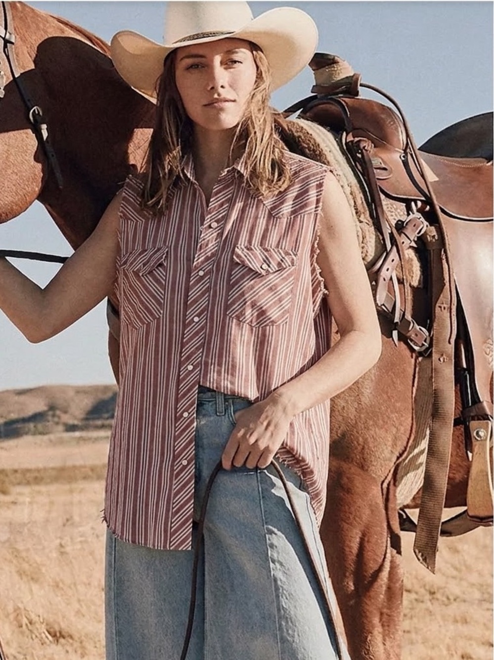 Wrangler Sleeveless Striped Button-Down Distressed Shirt - Pink